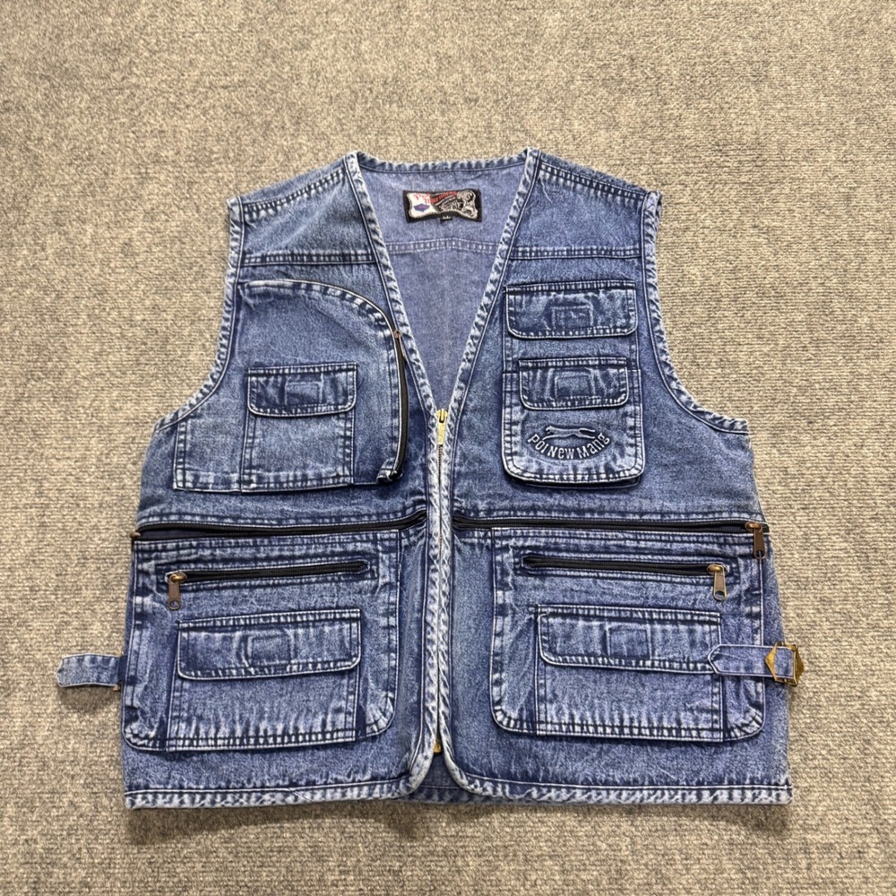 VTG Pol New Mang Denim Vest Women's Large Full Zip Multi-Pocket Blue